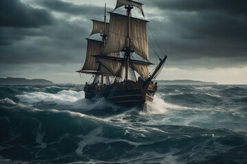 Obraz premium Cinematic ocean vessel ship. Nautical vintage galleon pirate ship. Antique boat on stormy seas.