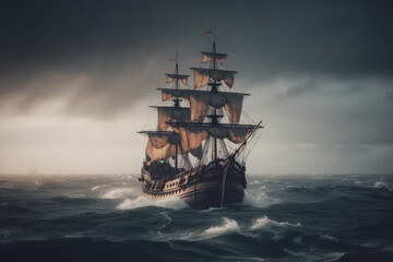 Obraz premium Cinematic ocean vessel ship. Nautical vintage galleon pirate ship. Antique boat on stormy seas.