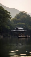 Obraz premium Chinese Boat navigating inside the Tianmu Lake, Professional and Commercial Shot. Generative AI.