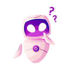 Futuristic little robot in question pose. AI technology character, virtual bot. Artificial intelligence, smart machine concept. Modern cyber robot mascot. IT future robotics, chatbot. Vector