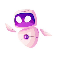 Futuristic little robot in flying pose. AI technology character, virtual bot. Artificial intelligence, smart machine concept. Modern cyber robot mascot. IT future robotics, chatbot. Vector