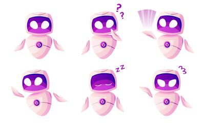 Set of futuristic little robots in different poses. AI technology character, virtual bot. Artificial intelligence, smart machine concept. Modern cyber robot mascot. IT future robotics, chatbot. Vector
