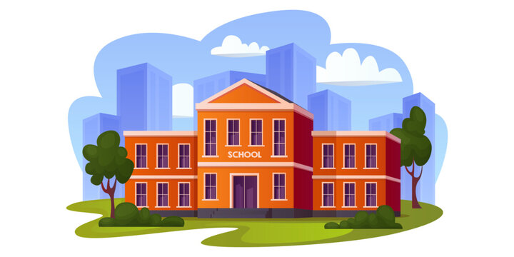 Cityscape with school building. Education house exterior. Municipal institution. Back to school. Yard with green trees, grass lawns, city architecture. Vector place for studying, summer landscape.