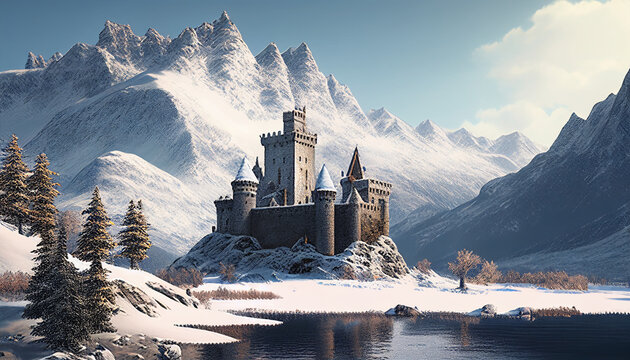 3D representation of the snow capped mountains between the castle