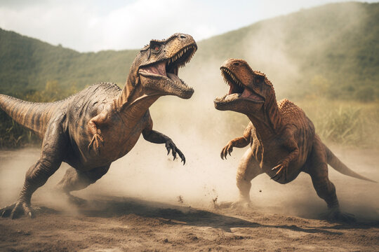 荒野で戦う2匹のティラノサウルス　AI生成画像　ジェネレーティブAI