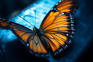 Blue and orange butterfly closeup. Created with Generative AI technology.