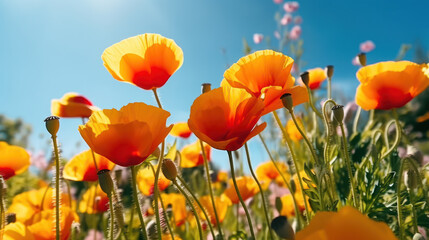 Radiant Blossoms: Vibrant Poppies in Nature's Embrace. Generative AI