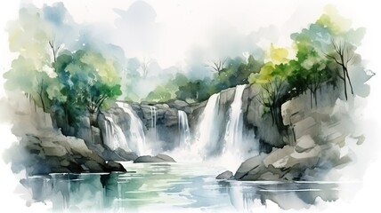 a beautiful painting of a waterfall painted with watercolors