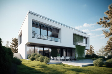 modern villa with lawn stock photo, generative AI