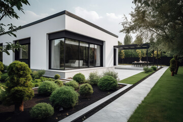 Fototapeta na wymiar modern villa with lawn stock photo, generative AI