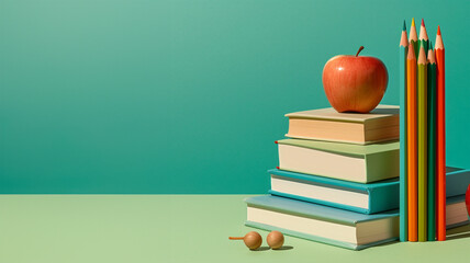 Ready for school concept background with books, pencils, apple and accessory. copy space. generative ai.