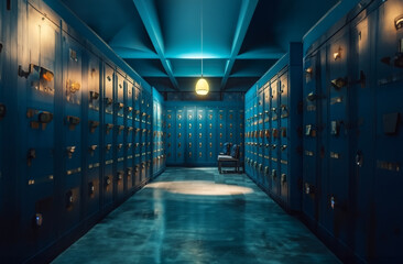 vintage blue lockers in a gymnasium. generative ai - obrazy, fototapety, plakaty