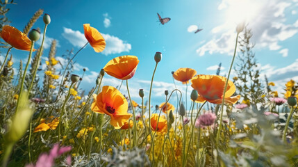 Dancing Colors: Poppies, Butterfly, and the Azure Canvas. Generative AI