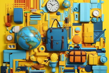 Fototapeta premium blue backpack and back to school supplies against yellow bacgkround. generative ai.