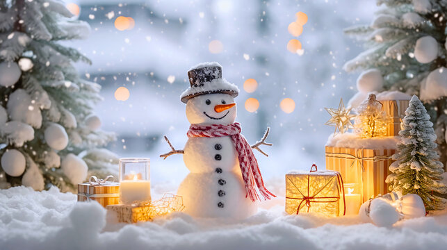 A still-life photograph capturing a winter wonderland scene with a snowman on a snow-covered surface, adorned with snowflakes on the branches, bathed in natural sunlight during the morning.