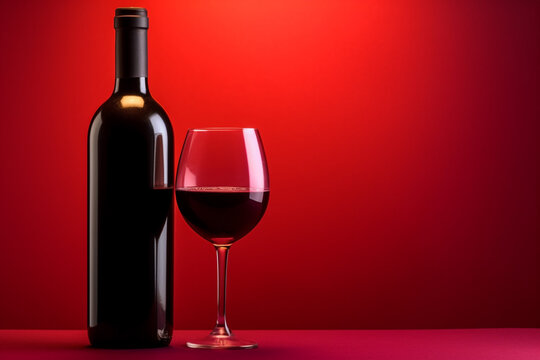 Red wine bottle and glass on red background. Copy space for your text. By Generative AI.