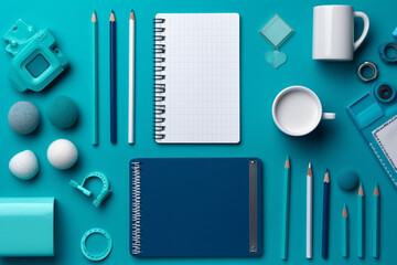 empty white notebook, colorful stationery & school supplies against dark blue turquoise. copy space. back to school . generative ai.