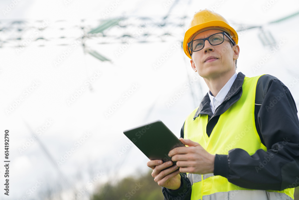 Poster Engineer with digital tablet on a background of power line tower