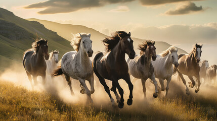 Obraz premium Unbridled Majesty: A Group of Majestic Horses Galloping Across an Expansive Landscape. Generative AI