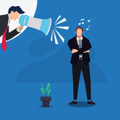 Angry boss screaming in megaphone and the businessman listening to music vector illustration