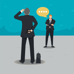 Two businessmen conflict. One holding a gun behind his back vector illustration