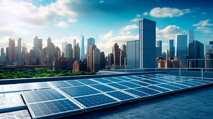 Solar panel installation on the roof of an office building with a view of the city. Generative AI