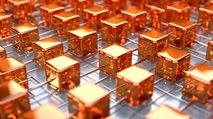 Luminous Nexus: Small Metallic Dark Orange Cubes in a Fiber Optic Network. Generative AI