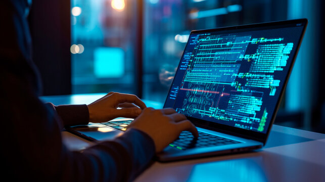 Software development concept. Coding programmer, software engineer working on laptop with javascript computer code on virtual screen, internet of things IoT, digital technology. Generative AI