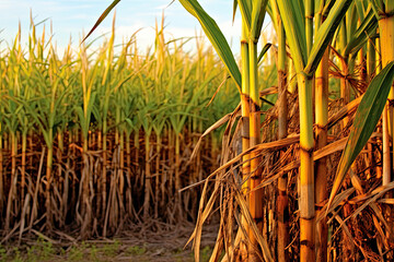 Obraz premium Sugar cane stalks with sugar cane plantation background.