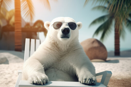 lindo oso polar de dibujos animados con gafas de sol en la playa sentado en una hamaca de madera blanca, sobre fondo de arena dorada y palmeras, concepto de vacaciones de verano