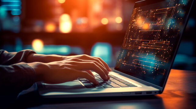 Software development concept. Coding programmer, software engineer working on laptop with javascript computer code on virtual screen, internet of things IoT, digital technology. Generative AI