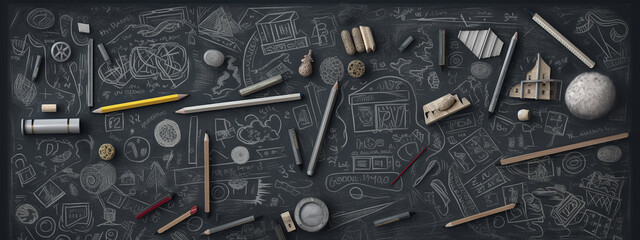 Chalkboard with drawing of school supplies. generative ai