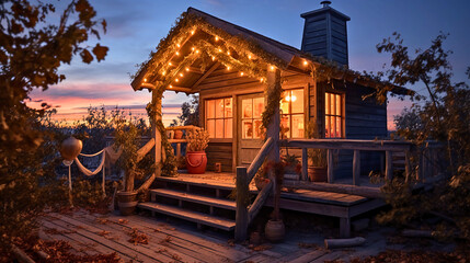 Fototapeta na wymiar Capturing the coziness of a cabin, featuring wooden planks and frost on branches. The scene is illuminated by soft candlelight during dusk, with a Berry wreath and baskets adding to the ambiance.