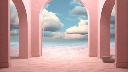 Fototapeta na wymiar Pink desert sky and sand, in the style of surrealistic futuristic. Illustration AI Generative.