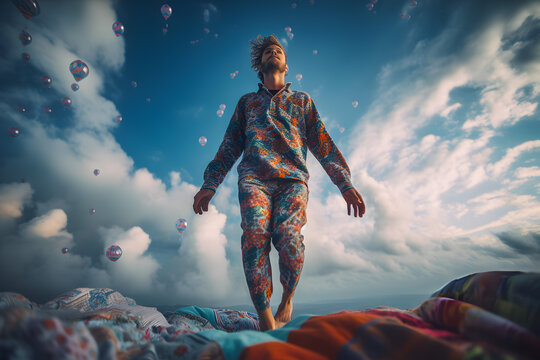 Man in colored pajamas is in the clouds. Tranquil scene of daydreaming and sleeping on a cloud in the sky. Generative AI.