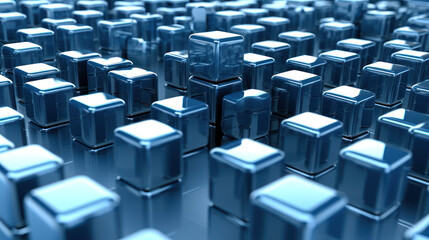 Cybernetic Matrix: Small Metallic Blue Cubes Forming a Network on a White Background - 3D Illustration. Generative AI
