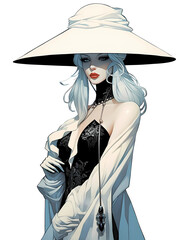 Fashion illustration. Woman steampunk in kimono and in a hat. Illustration for postcard, print on t-shirt, to the magazine, poster or interior.