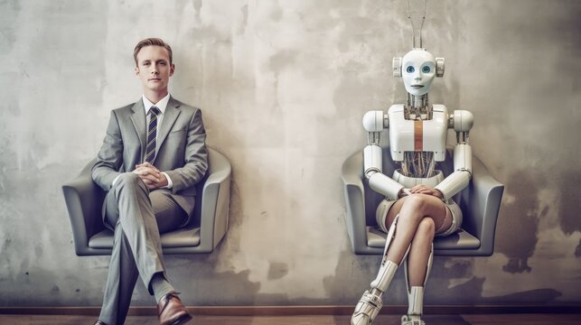 Office staff man and woman variety and humanoid robot sit and waiting for a job interview. Generative ai