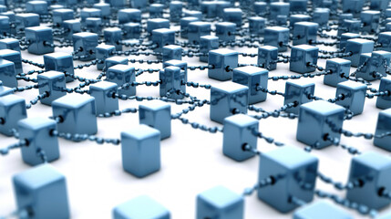 Interconnected Brilliance: Metallic Blue Cubes Forming a Network on a White Background. Generative AI