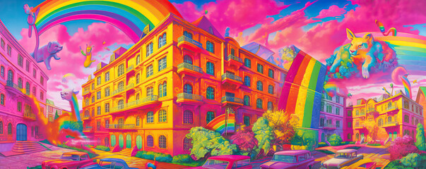 Fototapeta na wymiar Colorful fantasy building illustration, fantasy color style, concept scene illustration,close up of a background