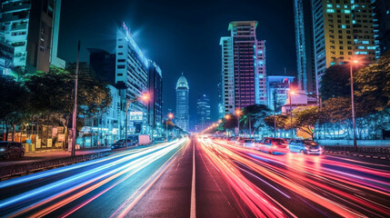 Fototapeta na wymiar Abstract Motion Blur Highway. Dynamic Nighttime City Road. Generative AI