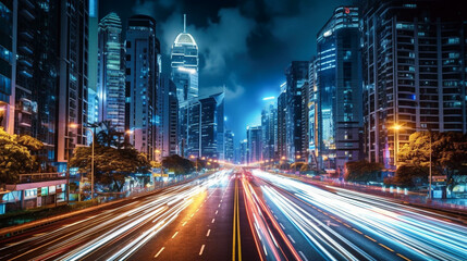 Fototapeta na wymiar Abstract Motion Blur City Lights. Fast-paced Urban Traffic. Generative AI