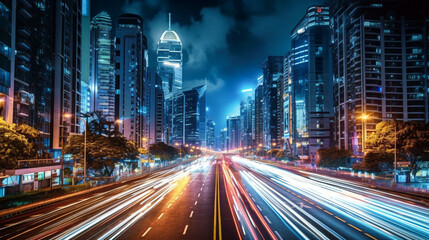 Obraz premium Abstract Motion Blur City Lights. Fast-paced Urban Traffic. Generative AI