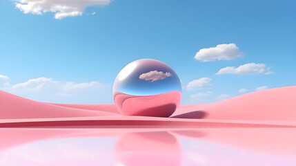 3d render. Abstract fantastic background. Surreal fantasy landscape. Pink desert with lake and geometric mirror under the blue sky with white clouds. Modern minimal wallpaper