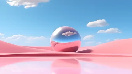 Foto auf Acrylglas Hell-pink 3d render. Abstract fantastic background. Surreal fantasy landscape. Pink desert with lake and geometric mirror under the blue sky with white clouds. Modern minimal wallpaper