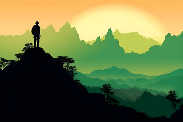 Summit Serenity: Illustration of a Hiker on a Mountain Peak with Breathtaking Views