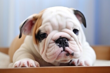 Cute funny bulldog puppy posing closeup. Generative AI