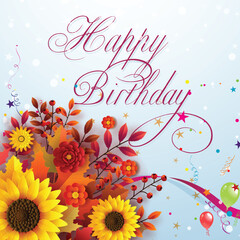 Happy birth day greeting background with balloon, confetti and amazing flowers