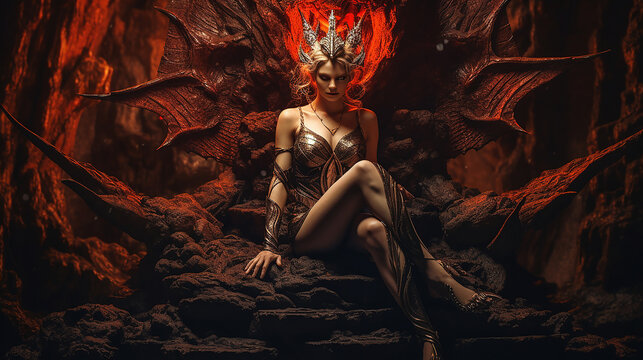 Generative AI. An exquisitely attractive and intricately adorned female devil seated upon the throne within a grand castle, surrounded by numerous enigmatic characters