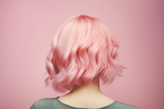 Pastel pink colored hair in short wavy bob style. 